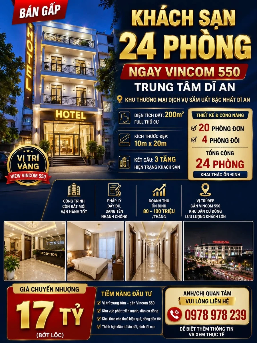 Bán khách sạn 24 phòng 200m² Dĩ An Bình Dương 17 tỷ - Ảnh 1