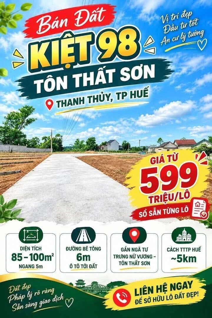 Bán đất kiệt Tôn Thất Sơn Thanh Thuỷ Huế 85-100m² từ 599 triệu - Ảnh 1