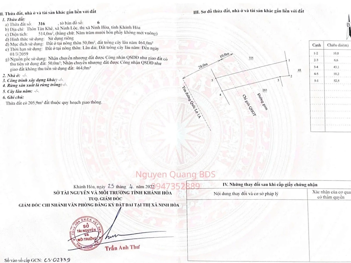 Bán lô đất 514m2 ngang 10m mặt tiền Quốc Lộ 1A, gần trạm thu phí Ninh Lộc, Ninh Hòa - Ảnh thu nhỏ 2