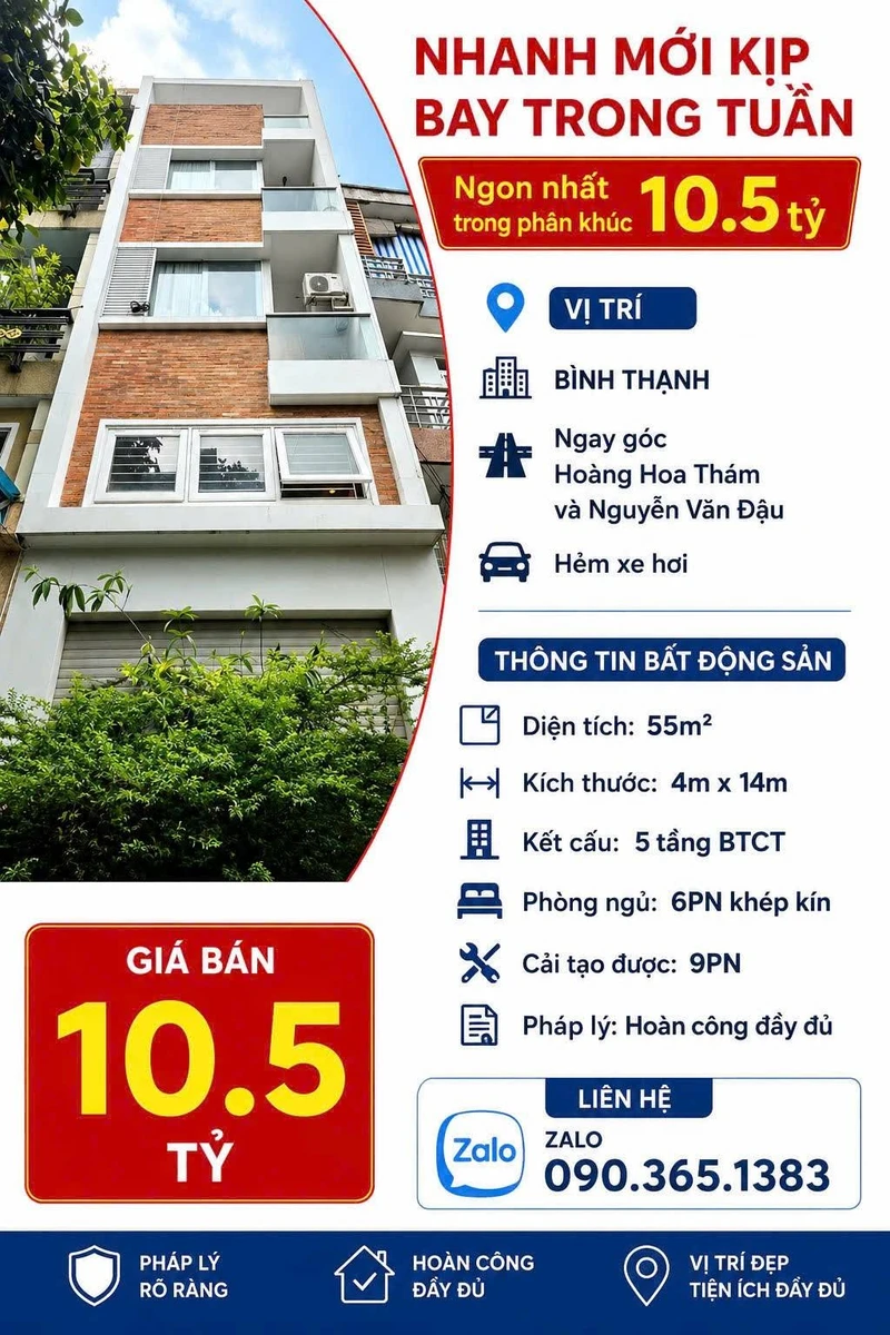 Bán nhà hẻm xe hơi 55m2, 6 phòng, 10.5 tỷ, Bình Thạnh - Ảnh 1