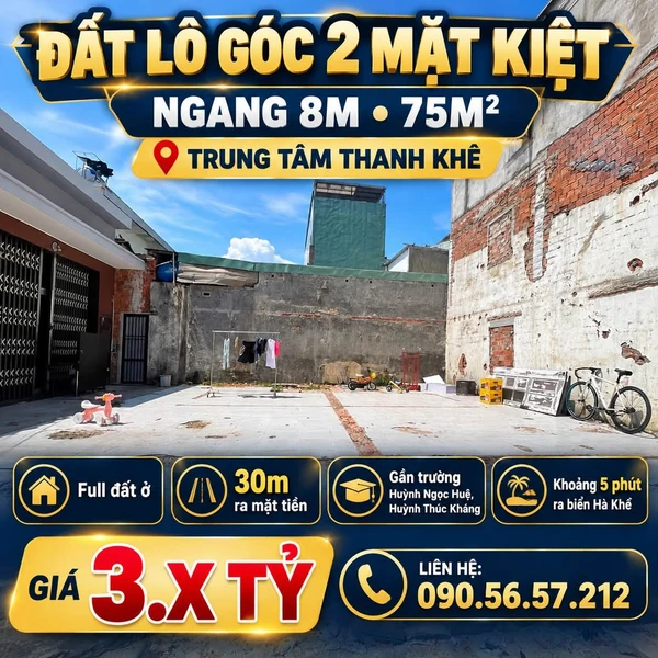 Bán đất lô góc 2 mặt kiệt 75m² ngang 8m Thanh Khê Đà Nẵng 3.5 tỷ