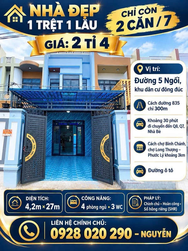 Bán nhà 5PN 3WC 108m² Lộc Hậu Cần Giuộc Long An 2.4 tỷ