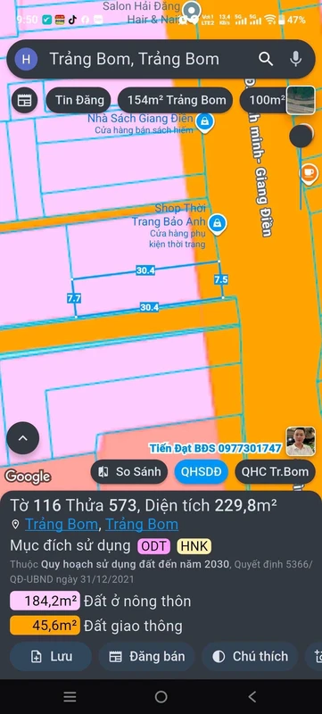 Bán lô đất góc 2 mặt tiền 7,5x30m đường Bình Minh - Giang Điền giá 8 tỷ