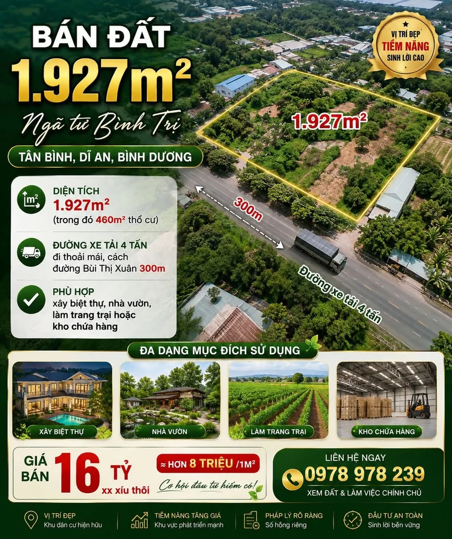 Bán đất 1.927m² (460m² thổ cư) gần ngã tư Bình Trị, Tân Bình, Dĩ An, Bình Dương - Ảnh 1