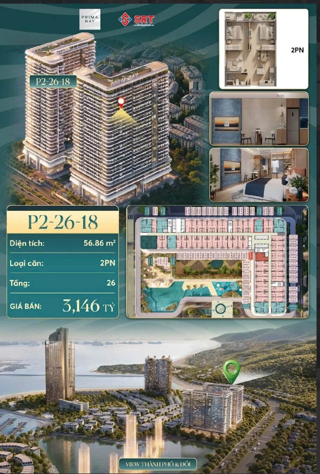 Bán căn 2PN 2VS 56.86m² Prima Bay Hạ Long 2.6 tỷ - Ảnh 1