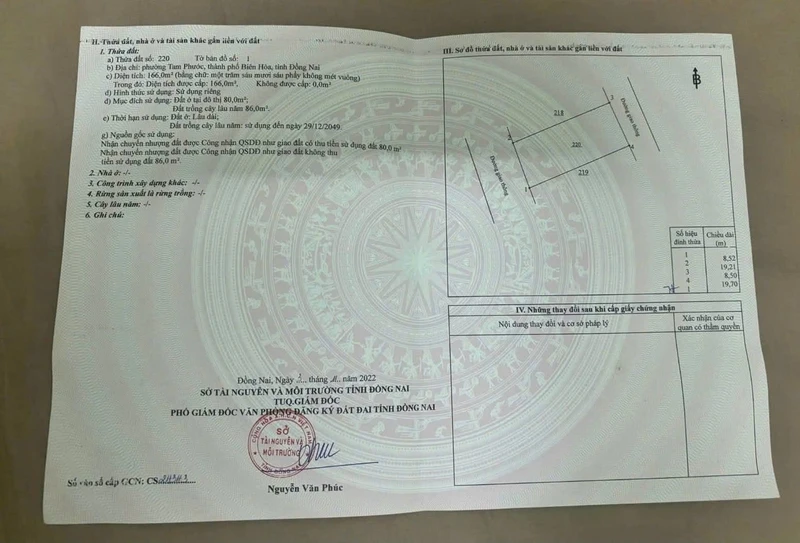 Bán lô đất 195m2 hai mặt tiền Tam Phước, Bình Dương, 1 tỷ 1