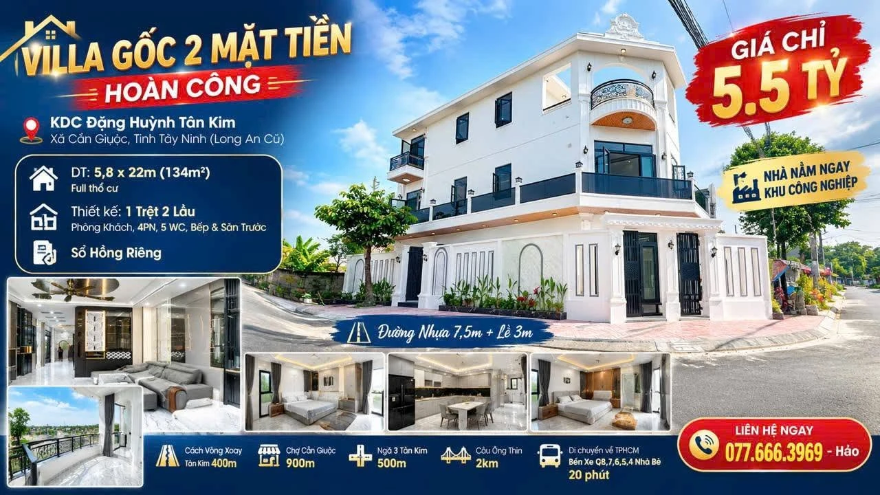 Bán villa 2 mặt tiền 134m2 KDC Đặng Huỳnh, Cần Giuộc, 4PN 5WC, sổ hồng riêng - Ảnh 1