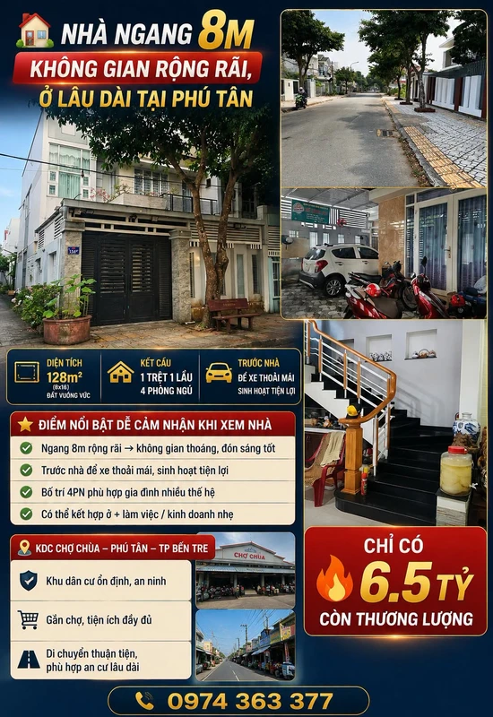 Nhà ngang 8m bán Phú Tân Bến Tre 128m² 4 phòng ngủ