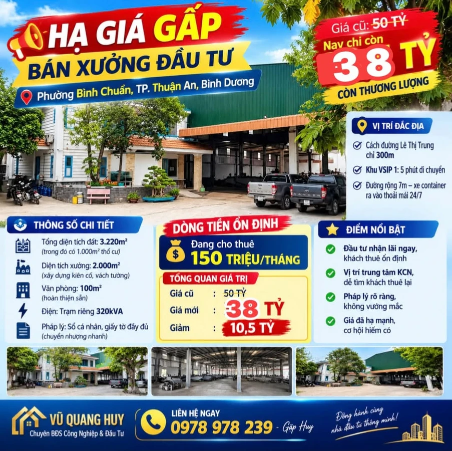 Bán xưởng 3.220m² đang cho thuê 150 triệu/tháng tại Bình Chuẩn, Thuận An, Bình Dương - Ảnh 1