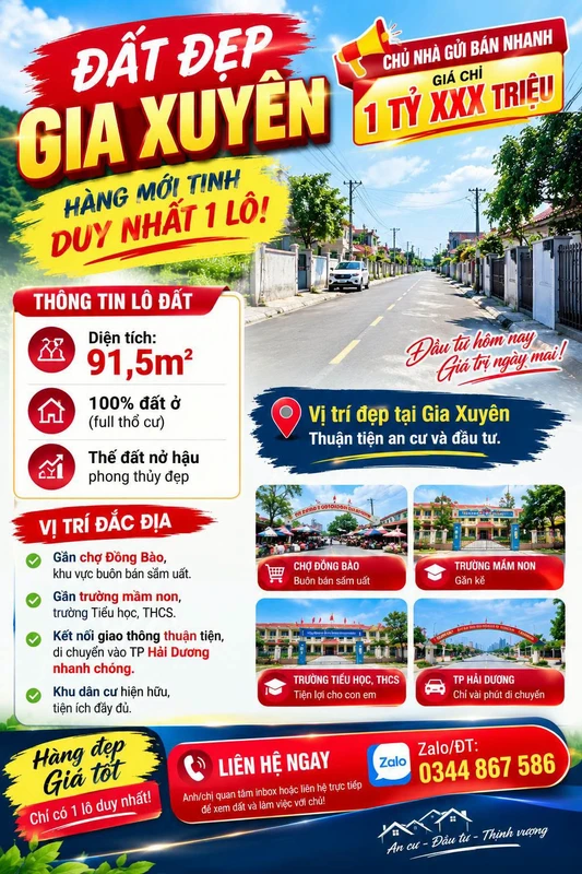 Bán đất Gia Xuyên 91,5m² full thổ cư, giao thông thoáng