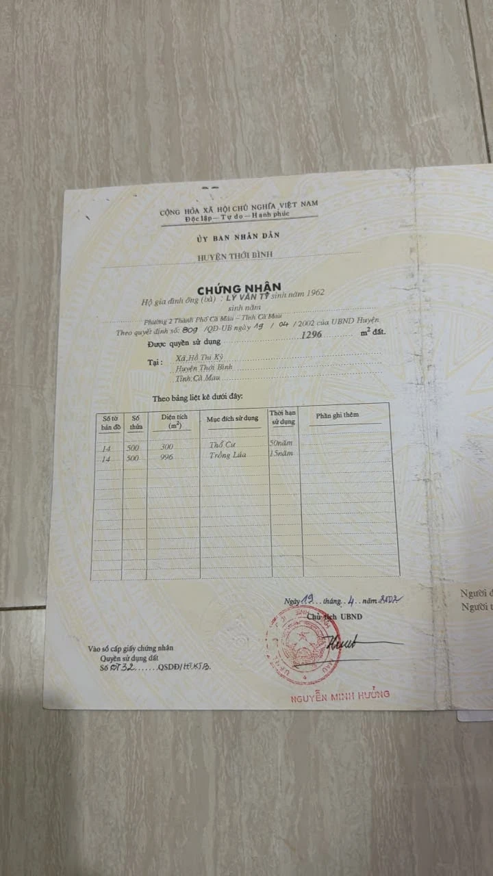 Bán đất Hồ Thị Kỳ 1.296 m2 giá 865 triệu - Ảnh 1