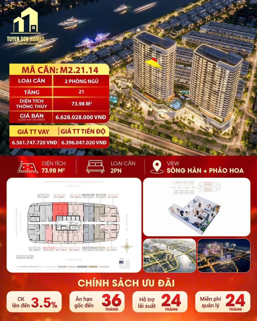 Bán căn hộ 2PN The Meridian Đà Nẵng 73,9m² giá 6,3 tỷ - Ảnh 1
