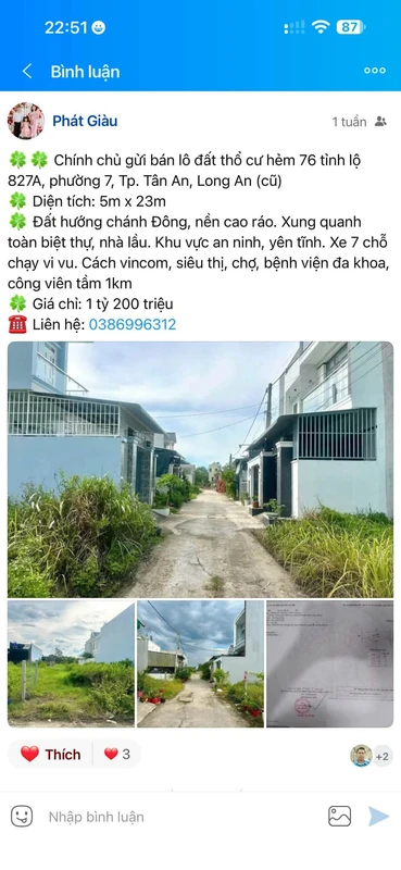 Bán lô đất thổ cư 115m² Tân An Tây Ninh, giá 1 tỷ 100 triệu