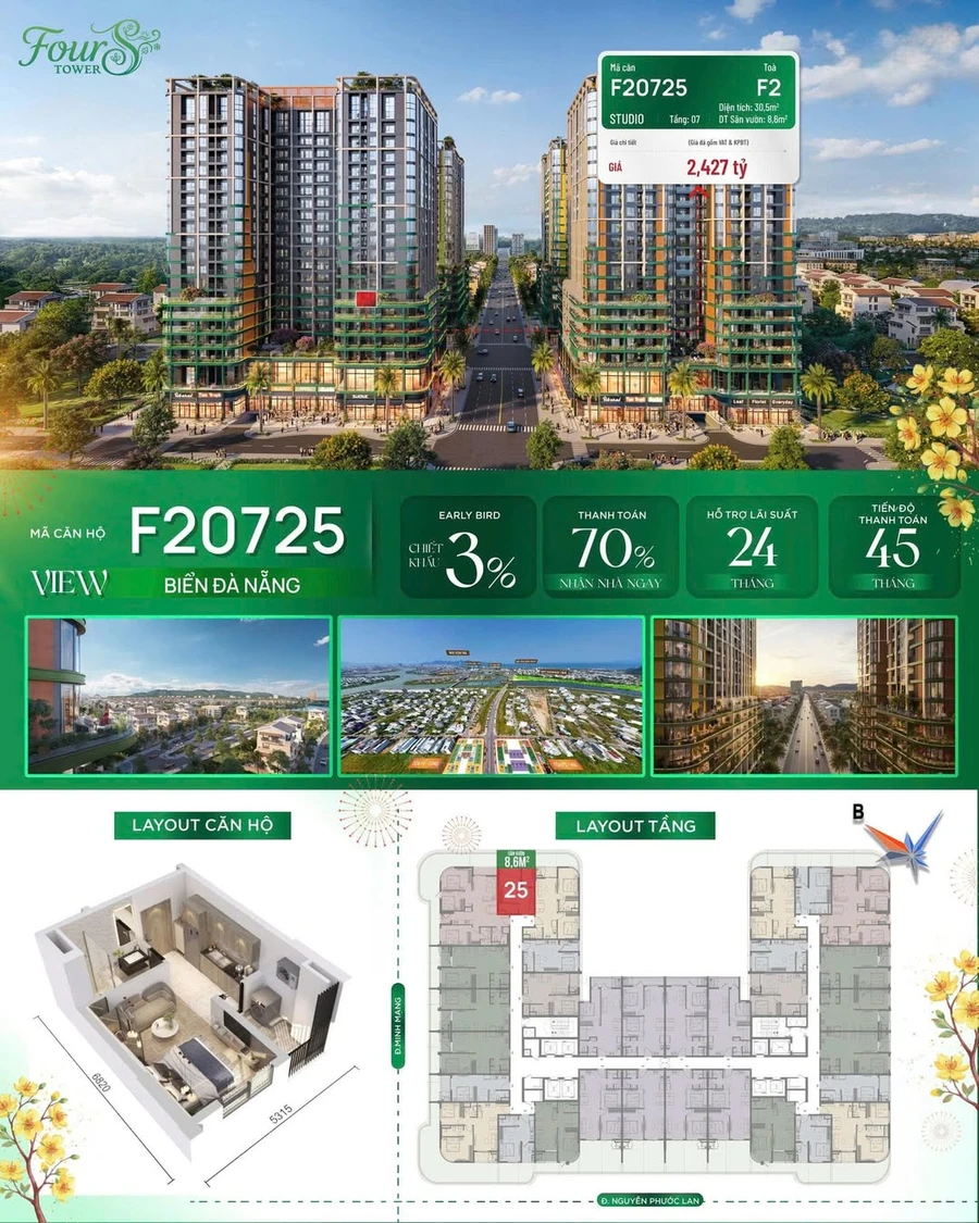 Bán căn hộ Studio sân vườn view biển F2 Fours Tower 30,5m2 Đà Nẵng - Ảnh 1