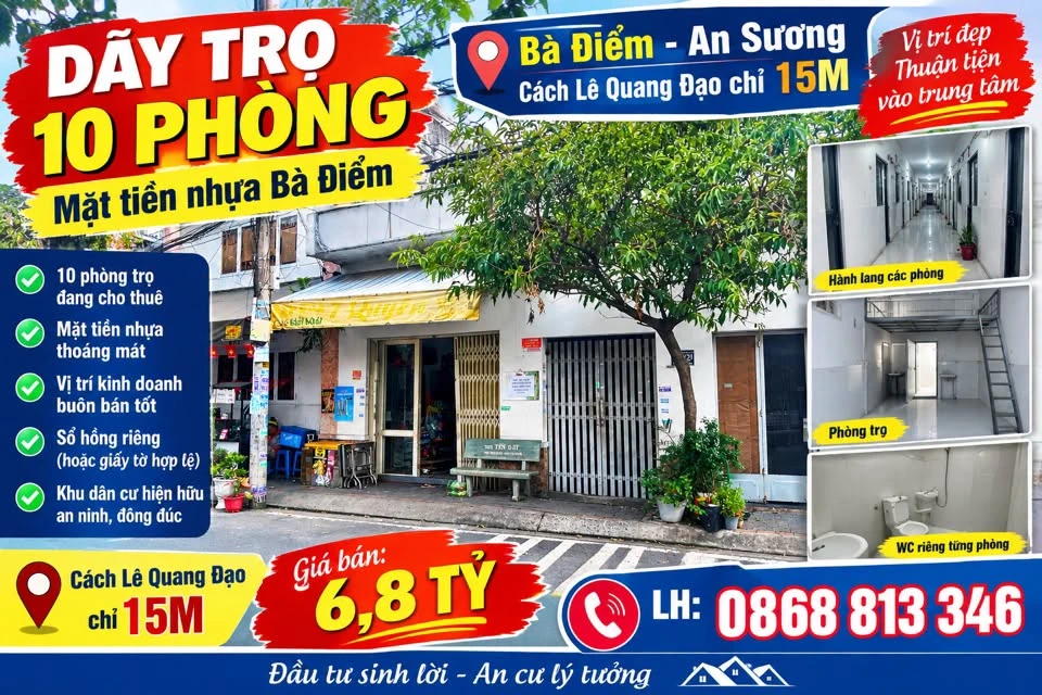 Bán dãy trọ 10 phòng mặt tiền Bà Điểm, gần Bến xe An Sương, 157,5m2, giá 6,8 tỷ - Ảnh 1