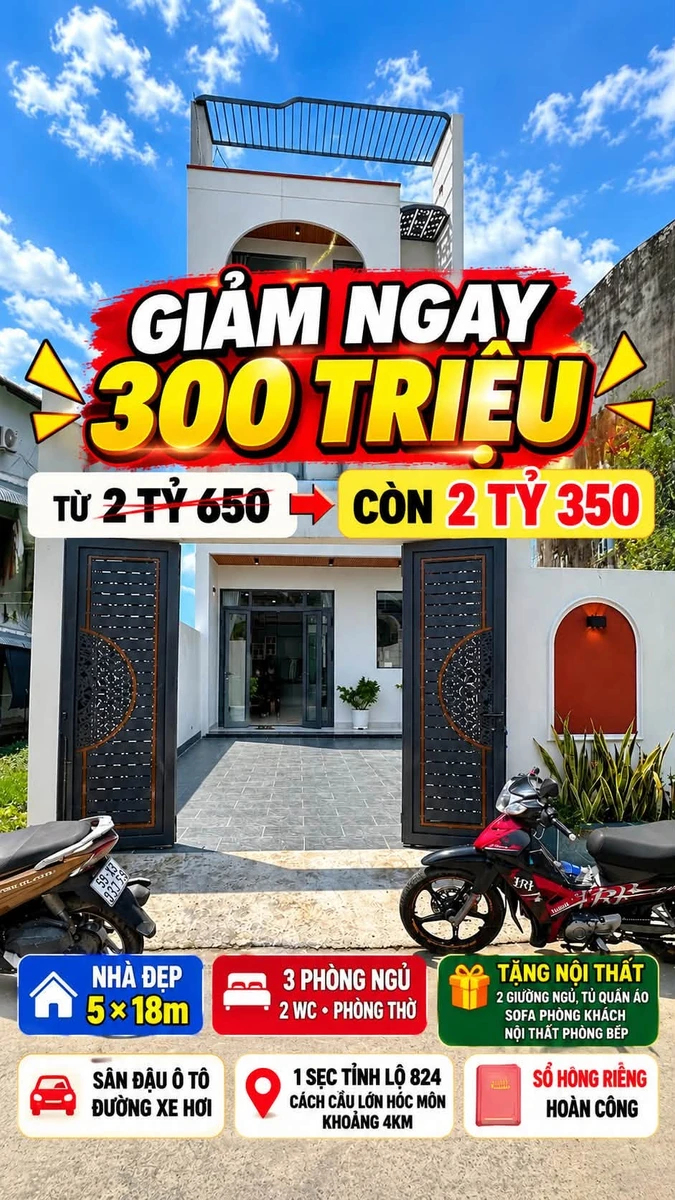 Bán nhà 5×18m, 3PN/2WC 2 tỷ 350 triệu Hóc Môn - Ảnh 1