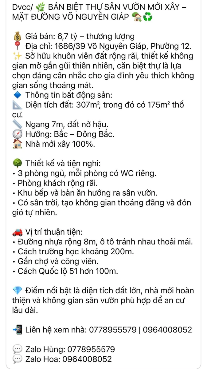 Bán biệt thự mặt tiền Võ Nguyên Giáp 307m², 3PN, Phường 12, Gò Vấp - Ảnh 1