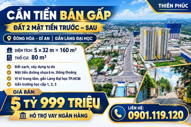 Bán đất hai mặt tiền 160m2 Đông Hòa, Dĩ An gần Làng Đại học, giá 5,999 tỷ