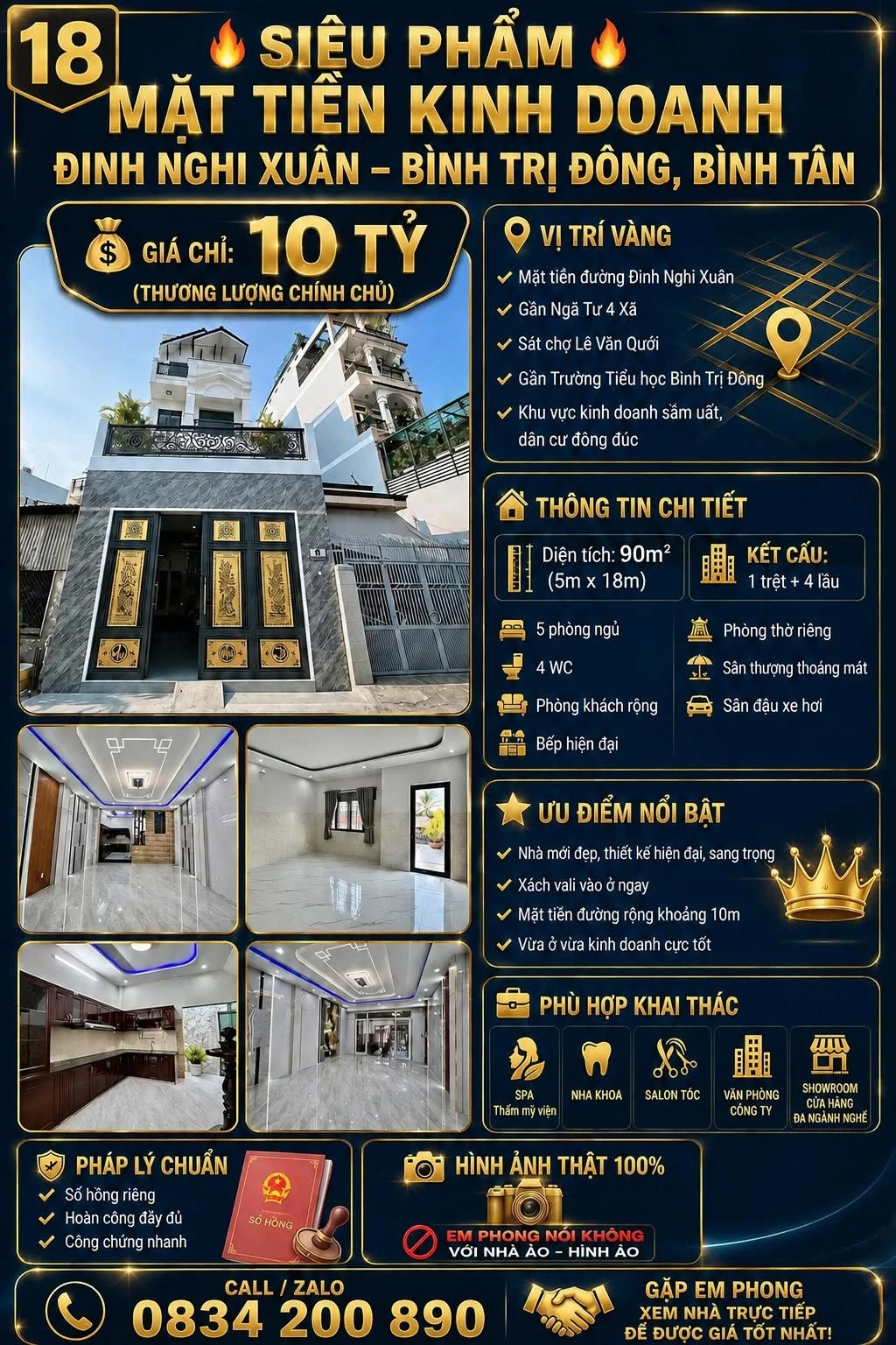 Bán nhà mặt tiền Đình Nghi Xuân, Bình Tân 90m2, 1 trệt 4 lầu, 5PN, giá 10 tỷ - Ảnh 1