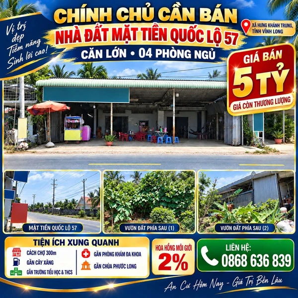 Bán nhà đất mặt tiền Quốc lộ 57, Vĩnh Long, 457,7 m²