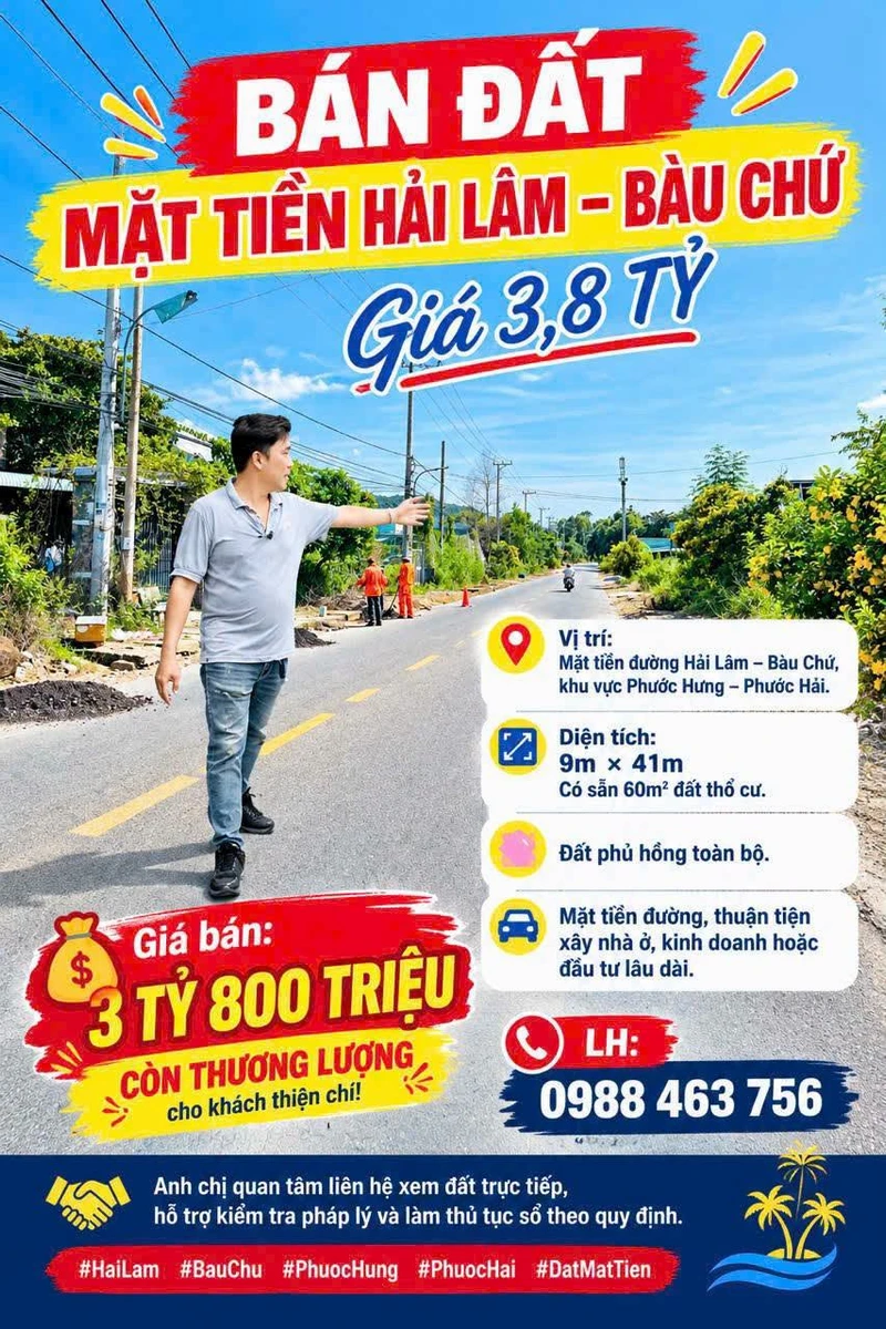Bán đất mặt tiền Hải Lâm 369m² Bàu Chứ 3 tỷ 800 triệu - Ảnh 1