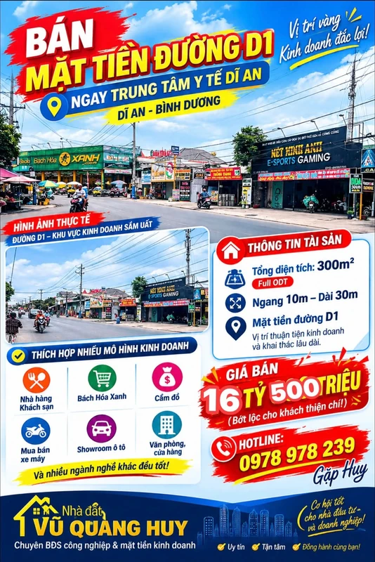 Bán mặt tiền D1 Dĩ An 300m² - 16.5 tỷ
