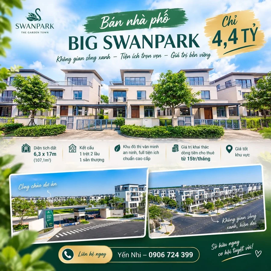 Bán nhà phố SwanPark 6.3x17m, 4.4 tỷ - Ảnh 1