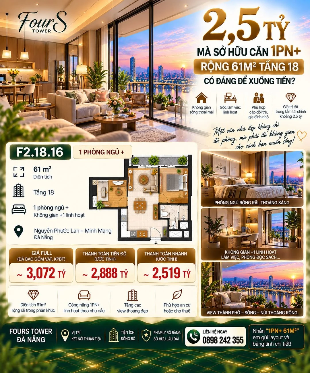 Bán căn hộ 1PN+ 61m² tầng 18 FourS Tower 2,5 tỷ - Ảnh 1