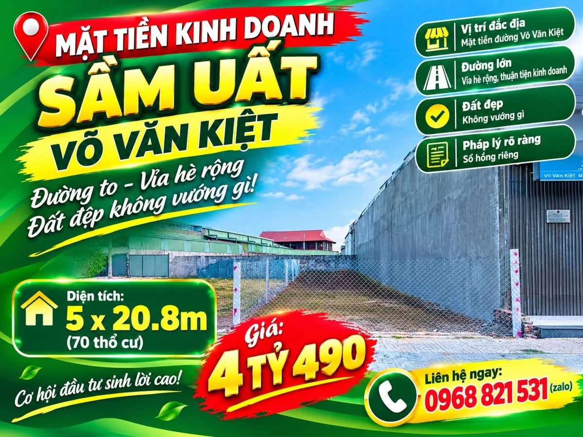 Bán đất mặt tiền Võ Văn Kiệt, 5x20.8m, 4 tỷ 490 triệu - Ảnh 1
