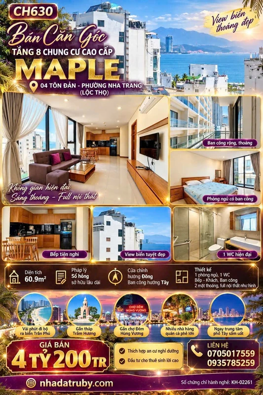 Bán căn hộ Maple 04 Tôn Đản 60,9m2 1PN full nội thất giá 4,2 tỷ, Nha Trang