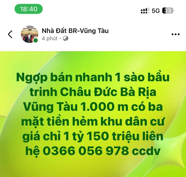 Bán đất 1000m² Trinh Châu Đức Bà Rịa Vũng Tàu 1,15 tỷ