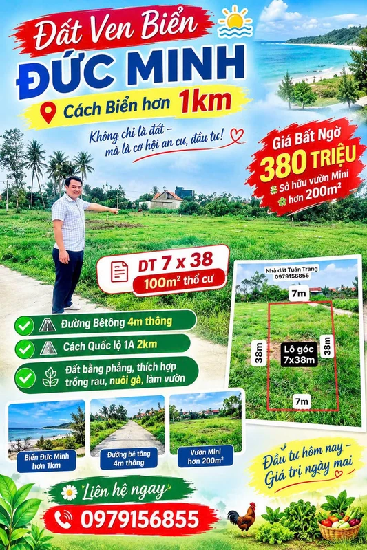 Bán đất vườn Đức Minh Quảng Ngãi 266m² gần biển 380 triệu