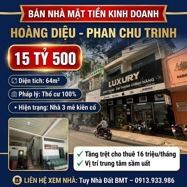 Bán nhà mặt tiền Hoàng Diệu, Buôn Ma Thuột 64m2, giá 15,5 tỷ, đang cho thuê 16 triệu/tháng
