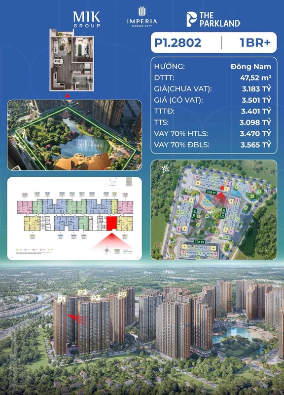 Bán căn hộ 1PN+1 47m² The Parkland Imperia Ocean City Hà Nội