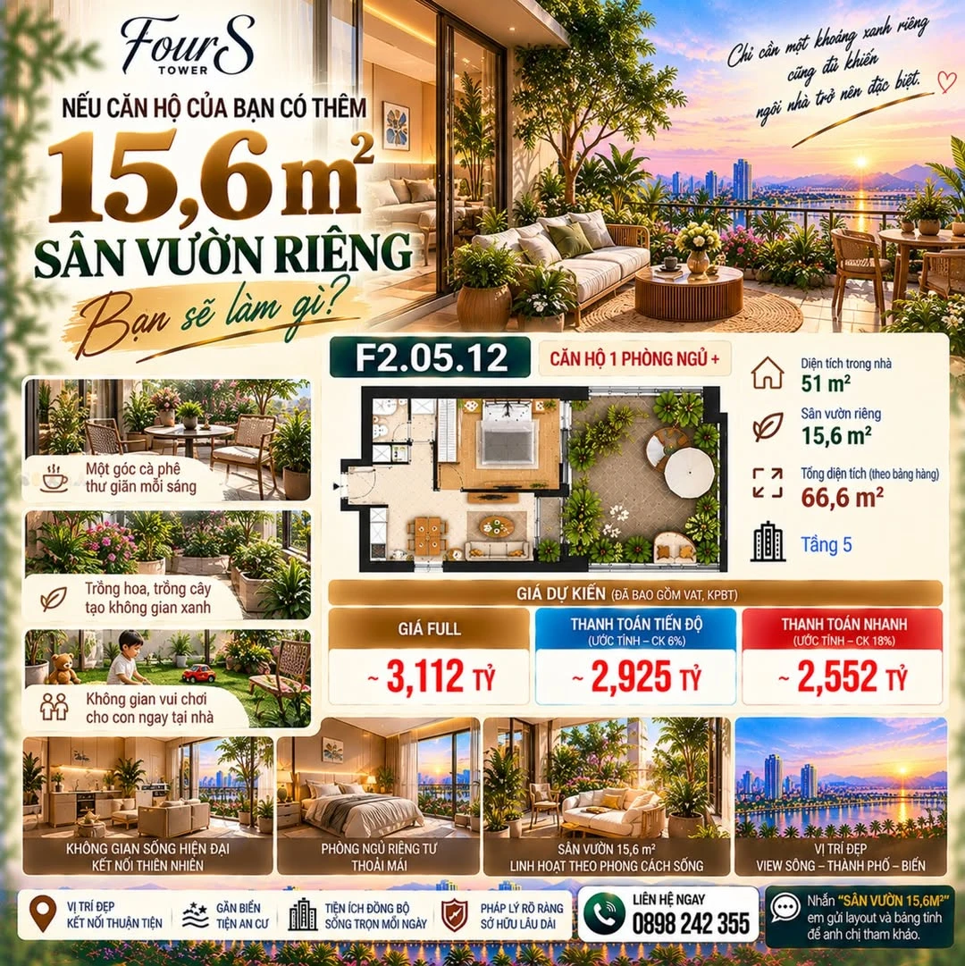 Bán căn hộ 1PN+ sân vườn 15,6m² tại FourS Tower Đà Nẵng - Ảnh 1