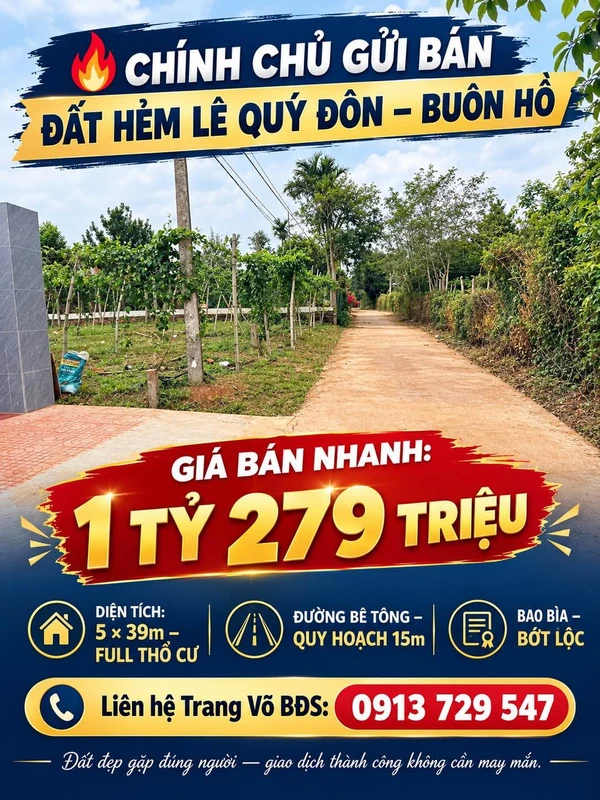 Bán đất hẻm Lê Quý Đôn, Buôn Hồ, 195m², 1 tỷ 279 triệu
