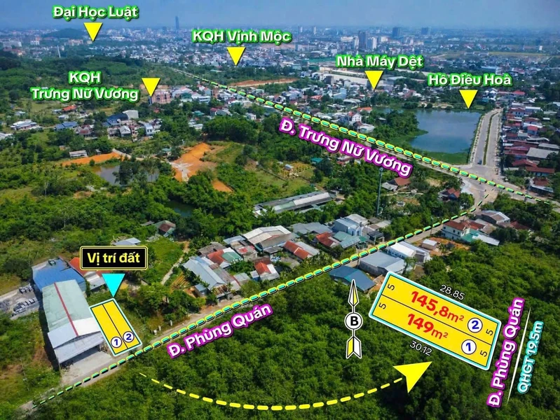 Bán 2 lô đất mặt tiền Phùng Quán Huế 145–149m² 2,1 tỷ