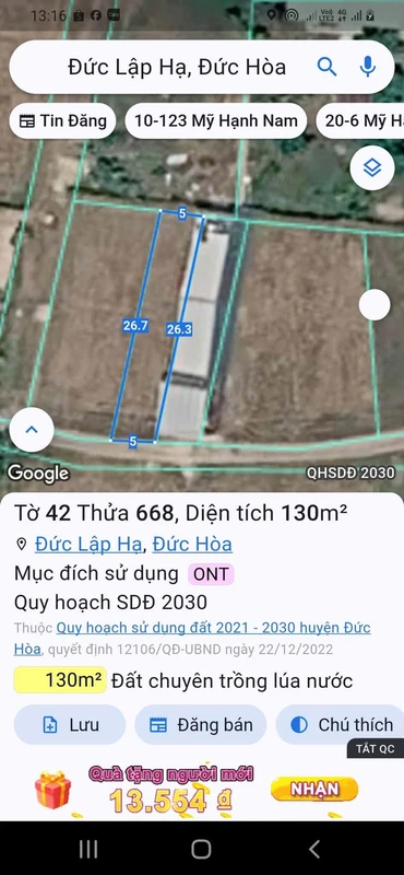 Bán đất 130m2 Đức Lập Hạ Long An 1 tỷ 250 triệu