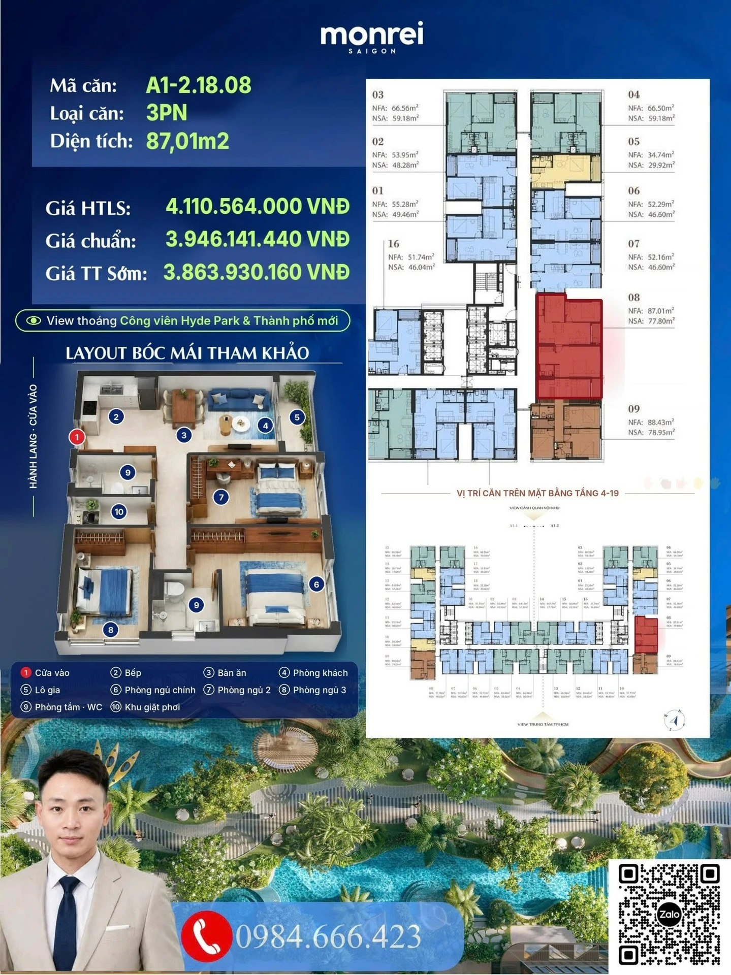 Căn hộ 3PN 87m² Monrei Saigon - View công viên Hyde Park Bình Dương - Ảnh 1
