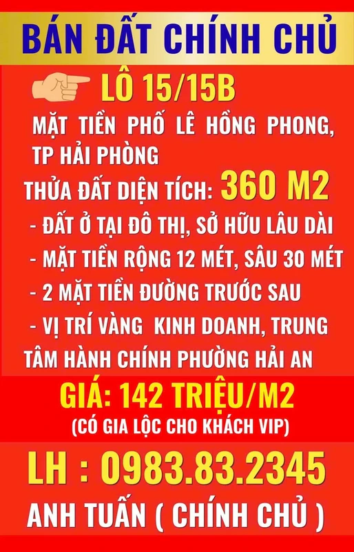 Bán đất mặt phố Lê Hồng Phong 360m2, 142tr/m2