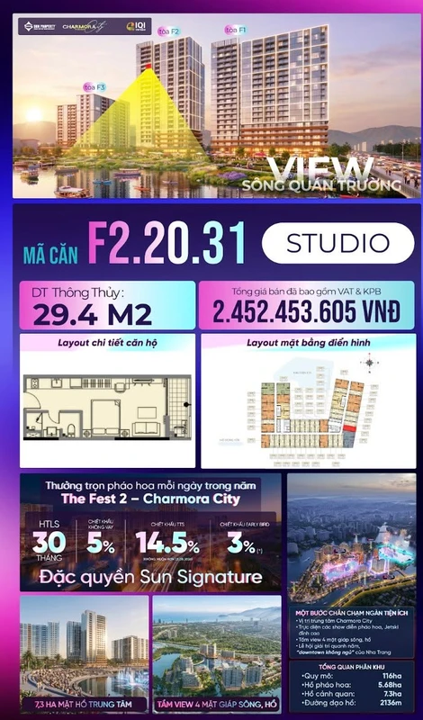 Bán studio tầng 20 view sông 29.4m² The Fest 2 Nha Trang từ 1.9 tỷ