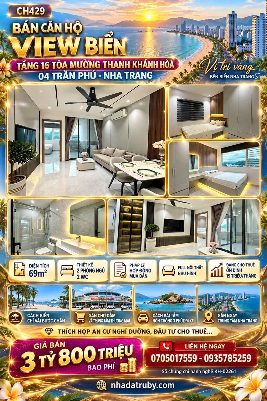 Bán căn hộ view biển Mường Thanh 69m2, 2PN, tầng 16, Trần Phú, Nha Trang - Ảnh 1