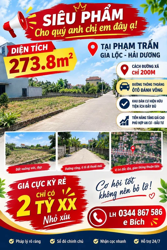 Bán đất 273,8m² tại Phạm Trấn, Gia Lộc, Hải Dương