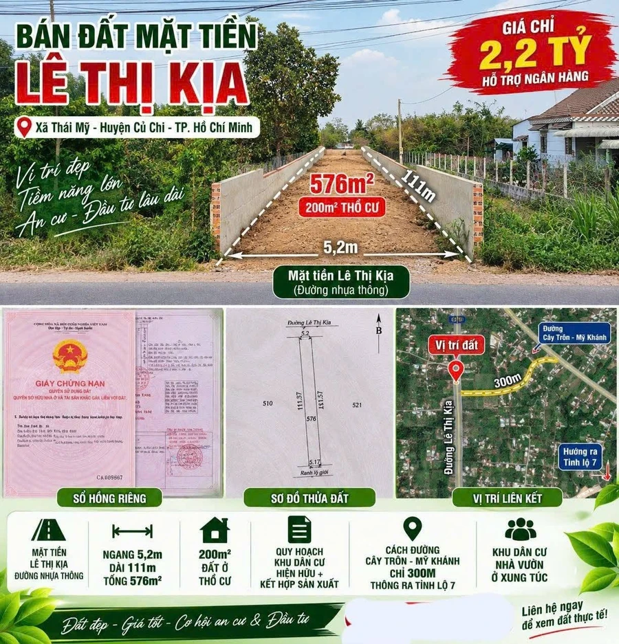 Bán đất mặt tiền Lê Thị Kỳ, Thái Mỹ, Củ Chi, 600 m2, 2 tỷ - Ảnh 1