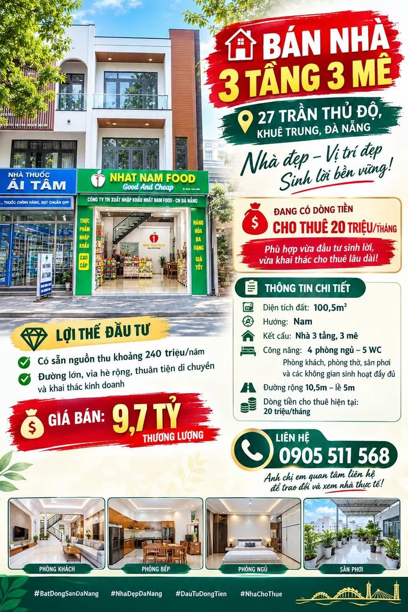 Bán nhà 3 tầng 294m² Trần Thủ Độ, Đà Nẵng 9,7 tỷ - Ảnh 1