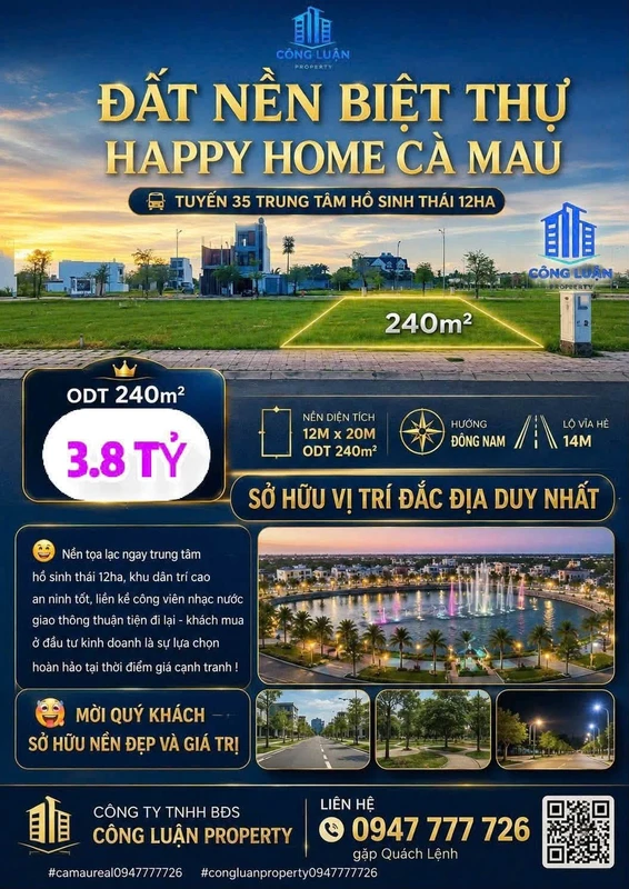 Bán nền biệt thự Happy Home Cà Mau 240m², sổ hồng riêng, giá 3,8 tỷ, phường Tân Thành