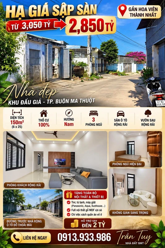 Bán nhà 150m² 3 phòng ngủ full nội thất gần Hoa viên Thành Nhất, Buôn Ma Thuột