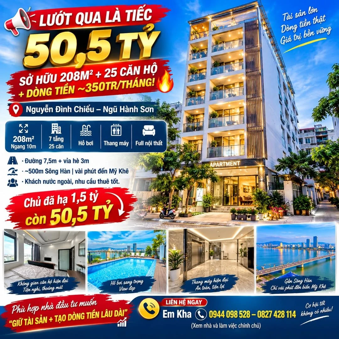 Bán shophouse 208m² 7 tầng 25 căn hộ Đà Nẵng 50,5 tỷ - Ảnh 1
