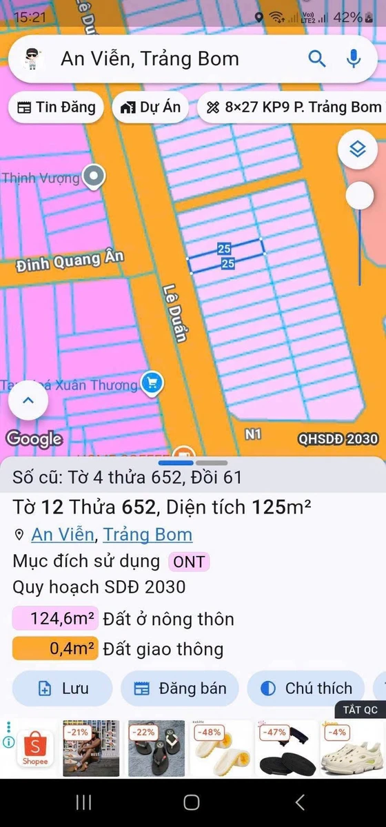 Bán đất mặt tiền Lê Duẩn 137,5m² Trảng Bom 2 tỷ - Ảnh 1