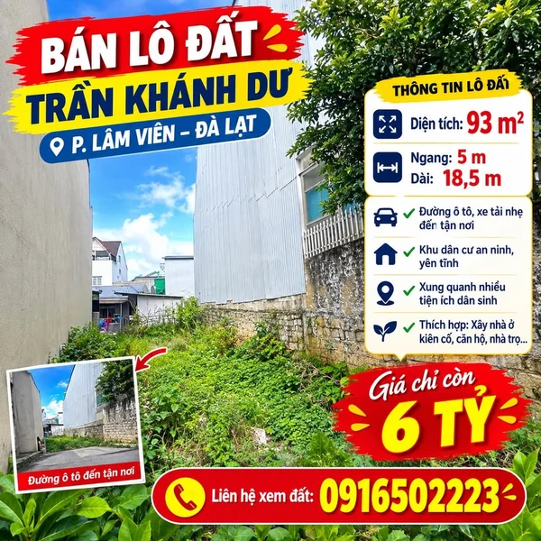 Bán lô đất 93m² Trần Khánh Dư, Đà Lạt, 6 tỷ